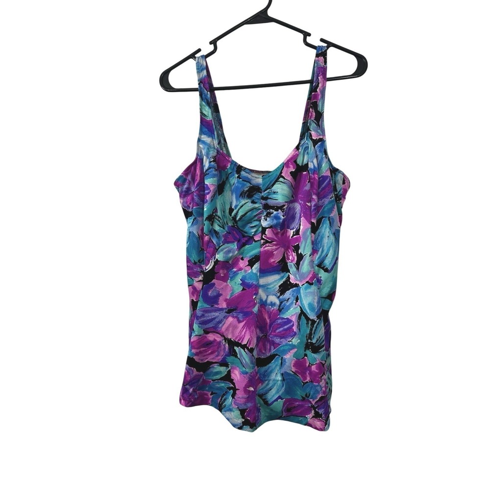 VTG Maxine of Hollywood Swimsuit Tropical One-Piece 22W Front Coverage Skirt